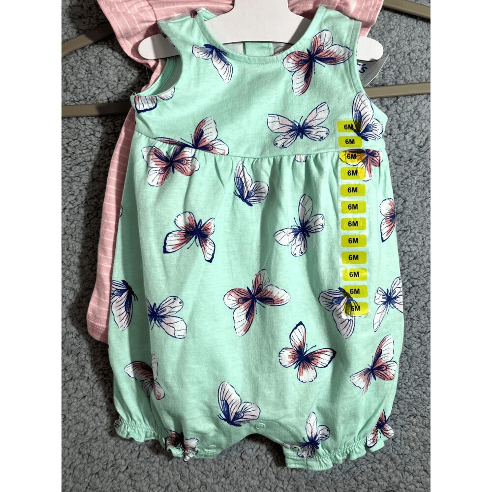 Carters 2 piece pink striped dress with green one-piece butterly short 6 months